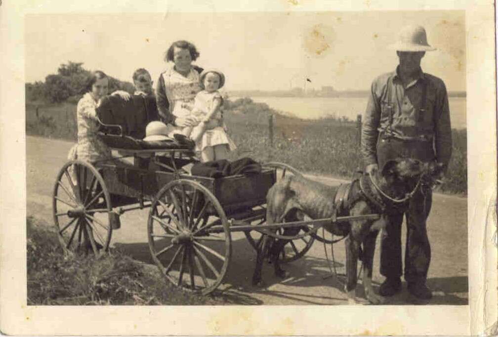 Promenade à chien «bob ». Membres de la famille Cormier de Sainte-Angèle. Photo prise le long de la grand'Rivière (on voit Trois-Rivières de l'autre coté du fleuve)